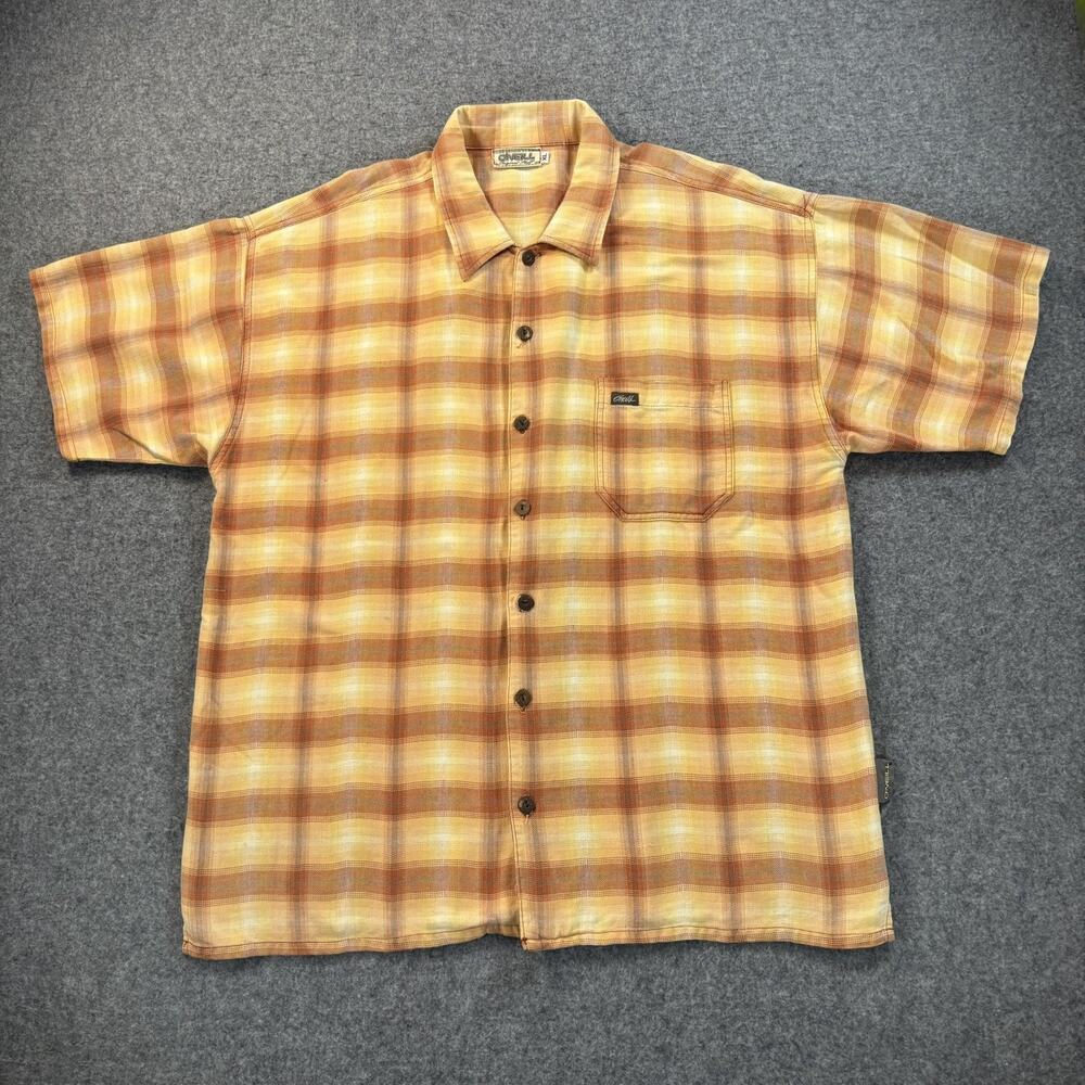 Vintage O'Neill Men XL Button Up Shirt Short Sleeve Plaid Yellow Orange Surf Y2K